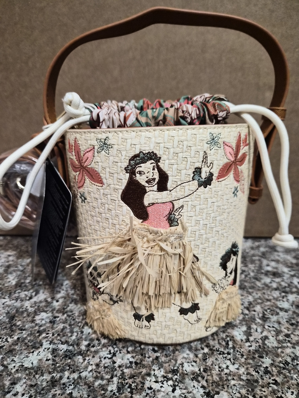 Loungelfly Lilo And Stitch Hula Girl Embroidered Straw Bucket Bag